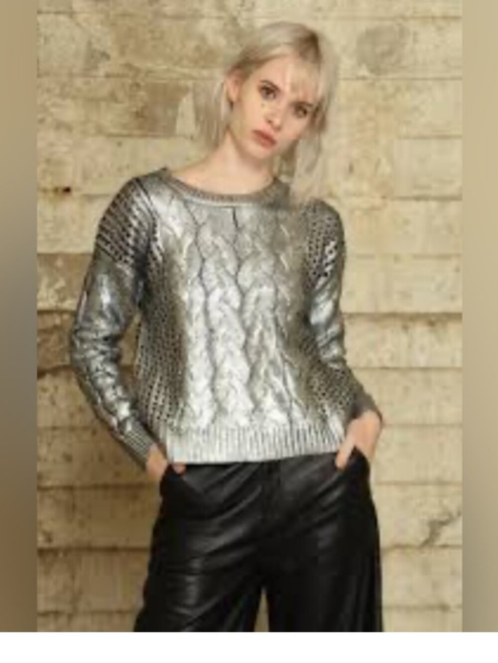 Metallic Silver Cable Knit Sweater - Women